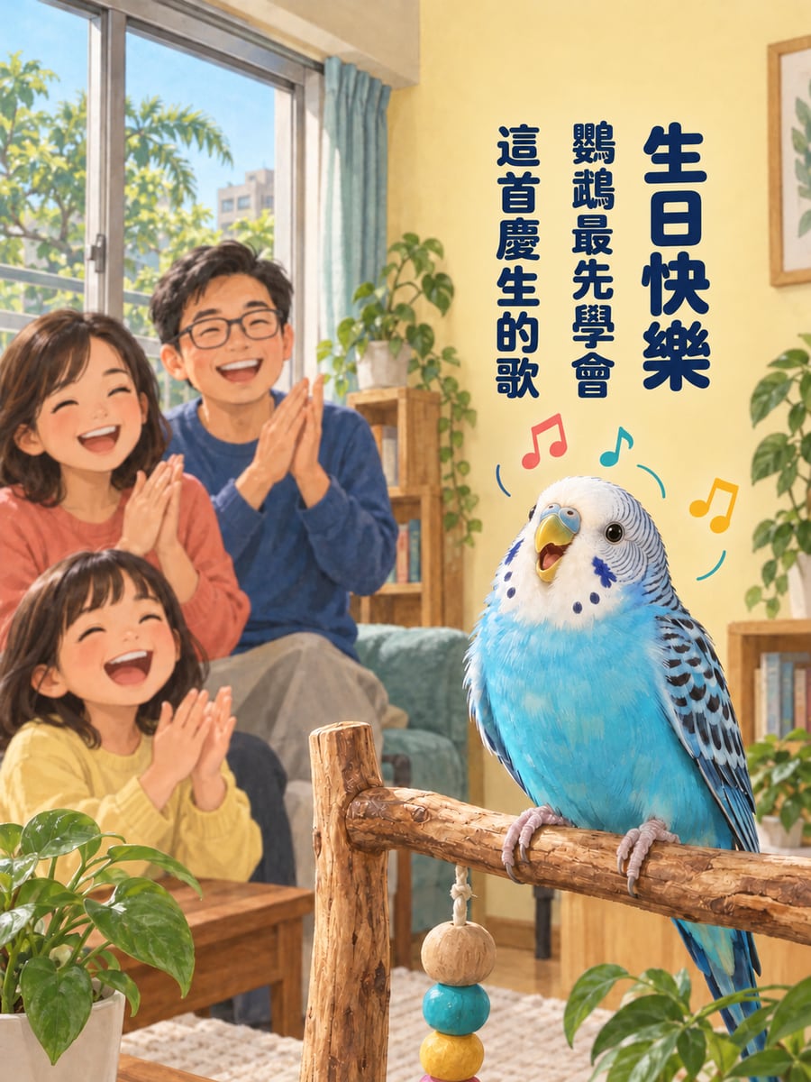 鸚鵡先唱。圖中文字：生日快樂，鸚鵡最先學會，這首慶生的歌