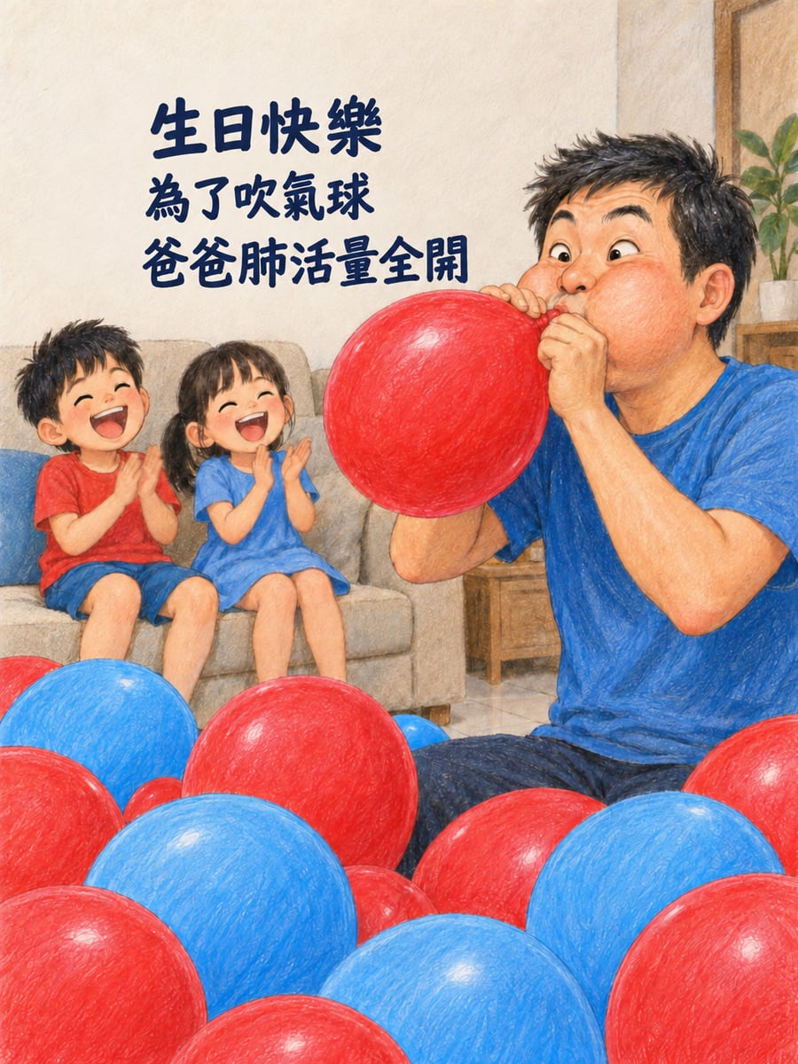 爸爸吹氣球。圖中文字：生日快樂，為了吹氣球，爸爸肺活量全開