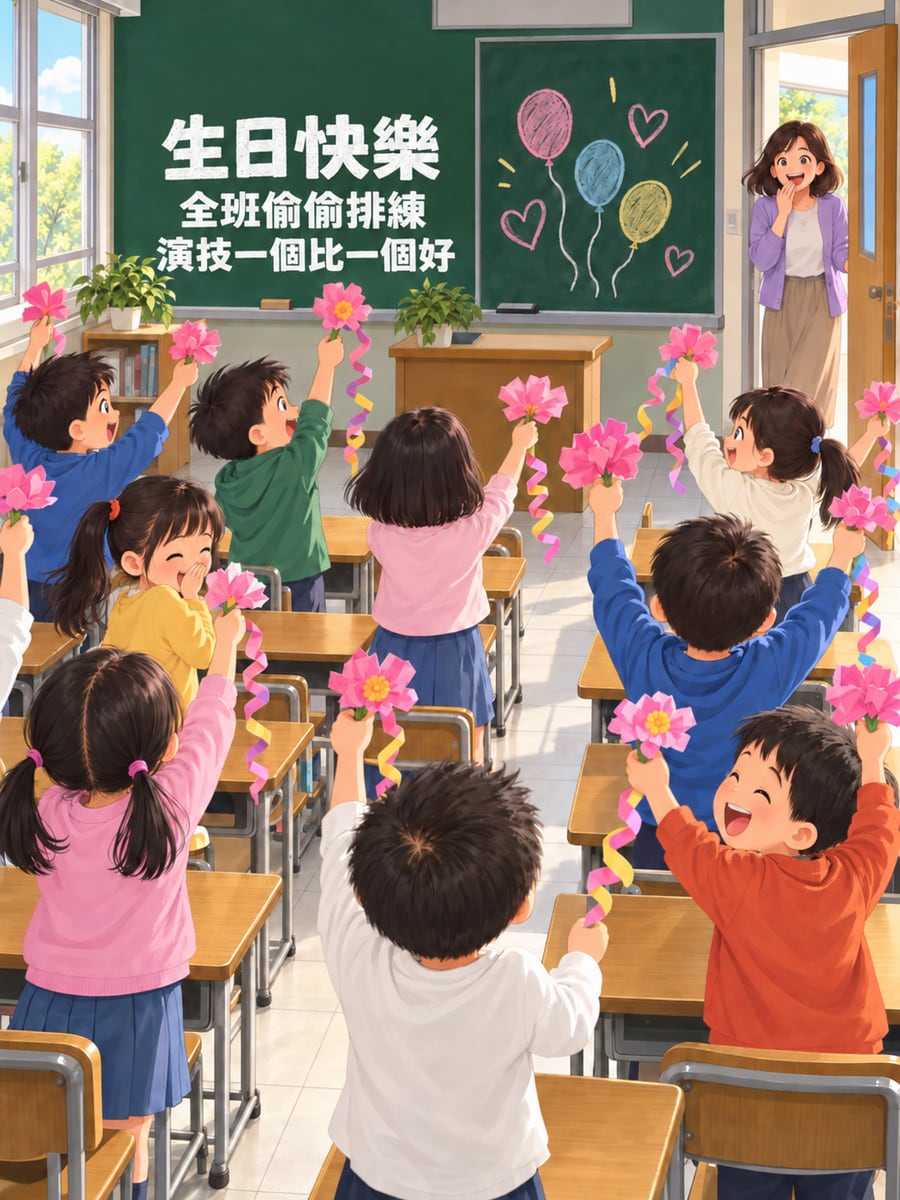 全班偷偷排練。圖中文字：生日快樂，全班偷偷排練，演技一個比一個好