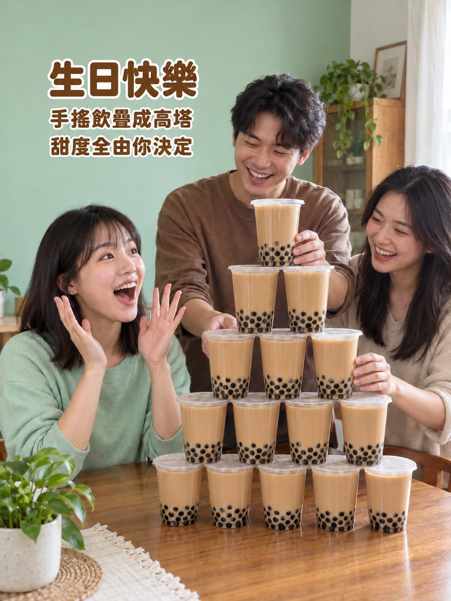 手搖飲疊成高塔。圖中文字：生日快樂，手搖飲疊成高塔，甜度全由你決定