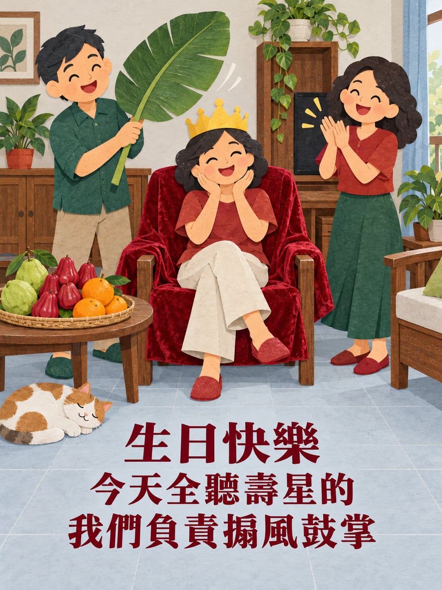 壽星最大。圖中文字：生日快樂，今天全聽壽星的，我們負責搧風鼓掌