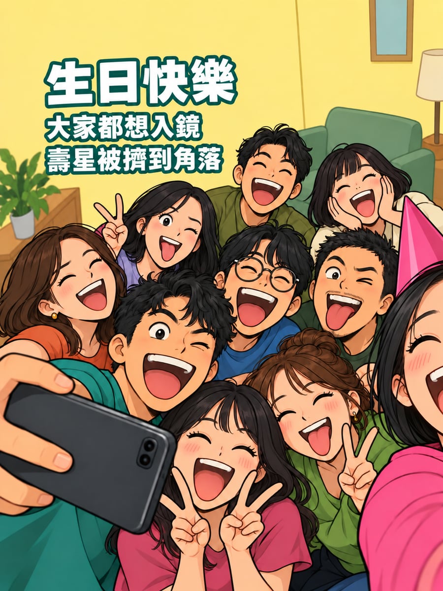 自拍擠不進去。圖中文字：生日快樂，大家都想入鏡，壽星被擠到角落