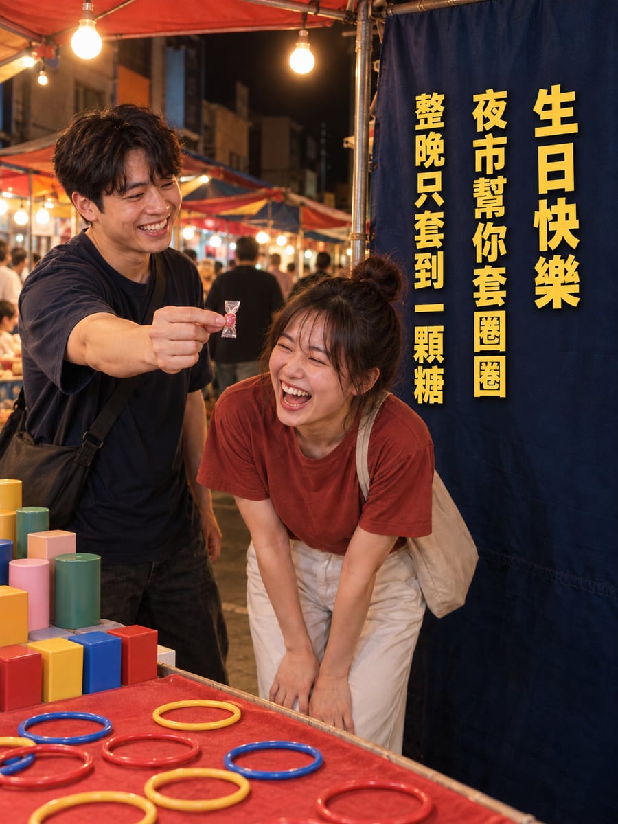 夜市套圈圈。圖中文字：生日快樂，夜市幫你套圈圈，整晚只套到一顆糖