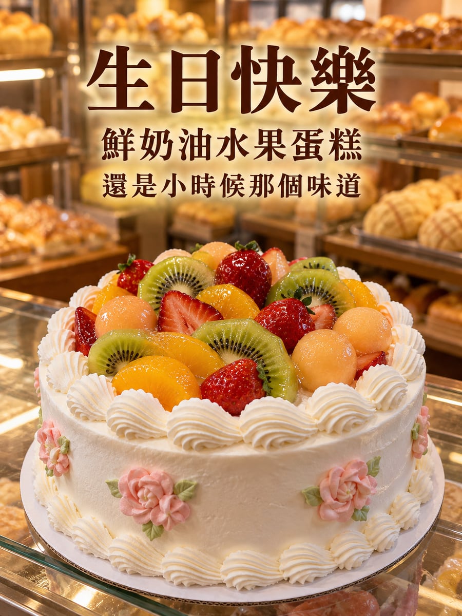 麵包店鮮奶油水果蛋糕。圖中文字：生日快樂，鮮奶油水果蛋糕，還是小時候那個味道