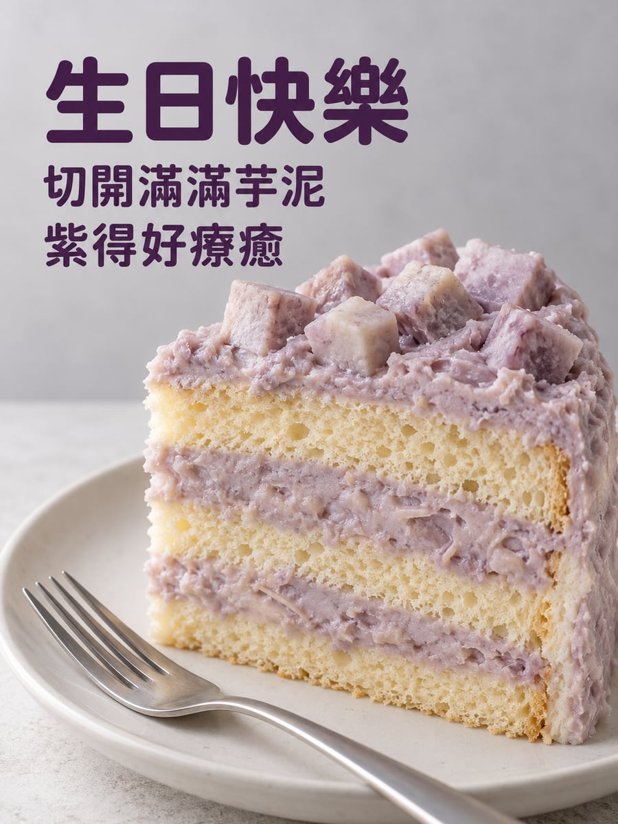 芋泥蛋糕切面。圖中文字：生日快樂，切開滿滿芋泥，紫得好療癒