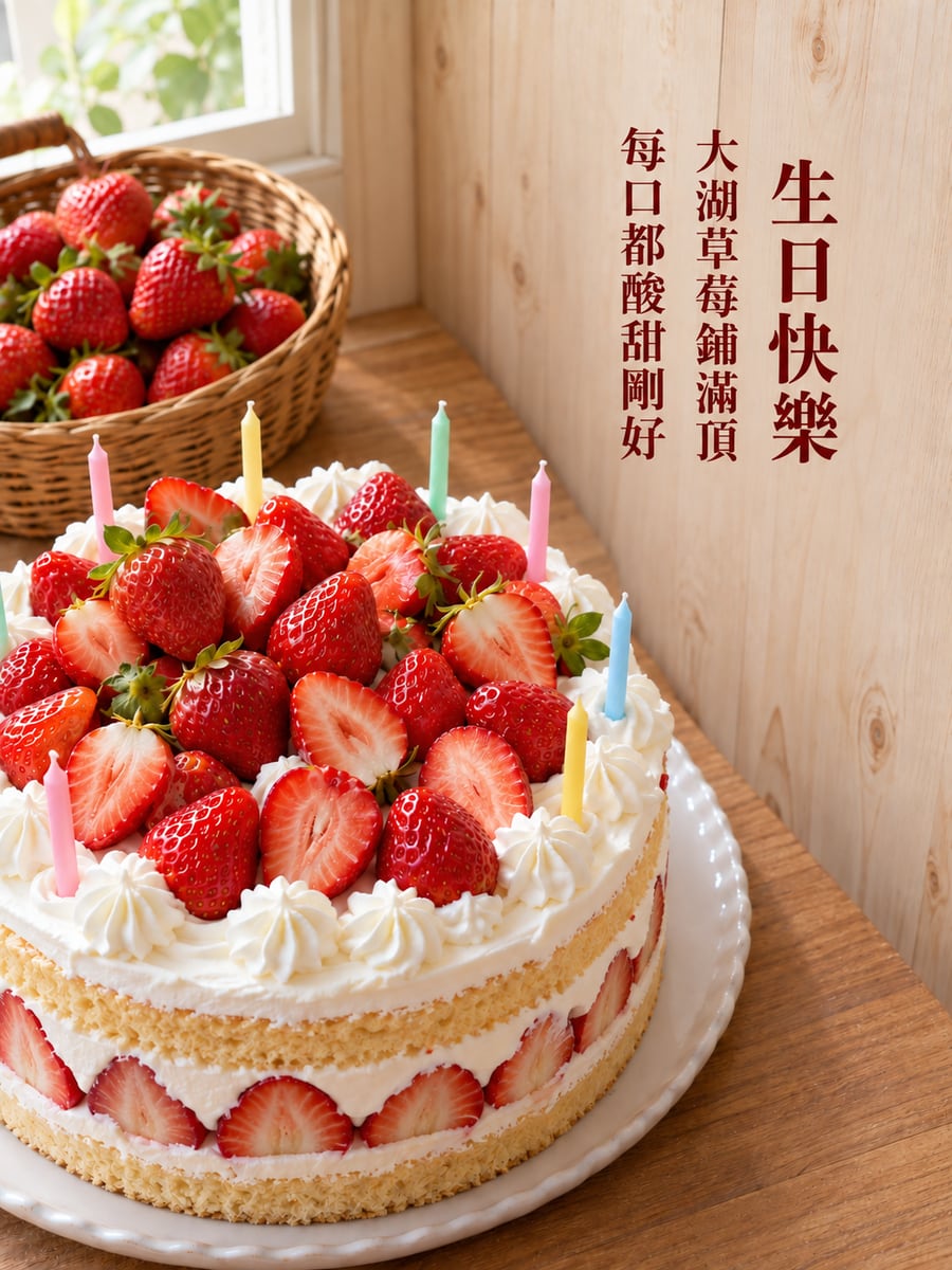 大湖草莓蛋糕。圖中文字：生日快樂，大湖草莓鋪滿頂，每口都酸甜剛好