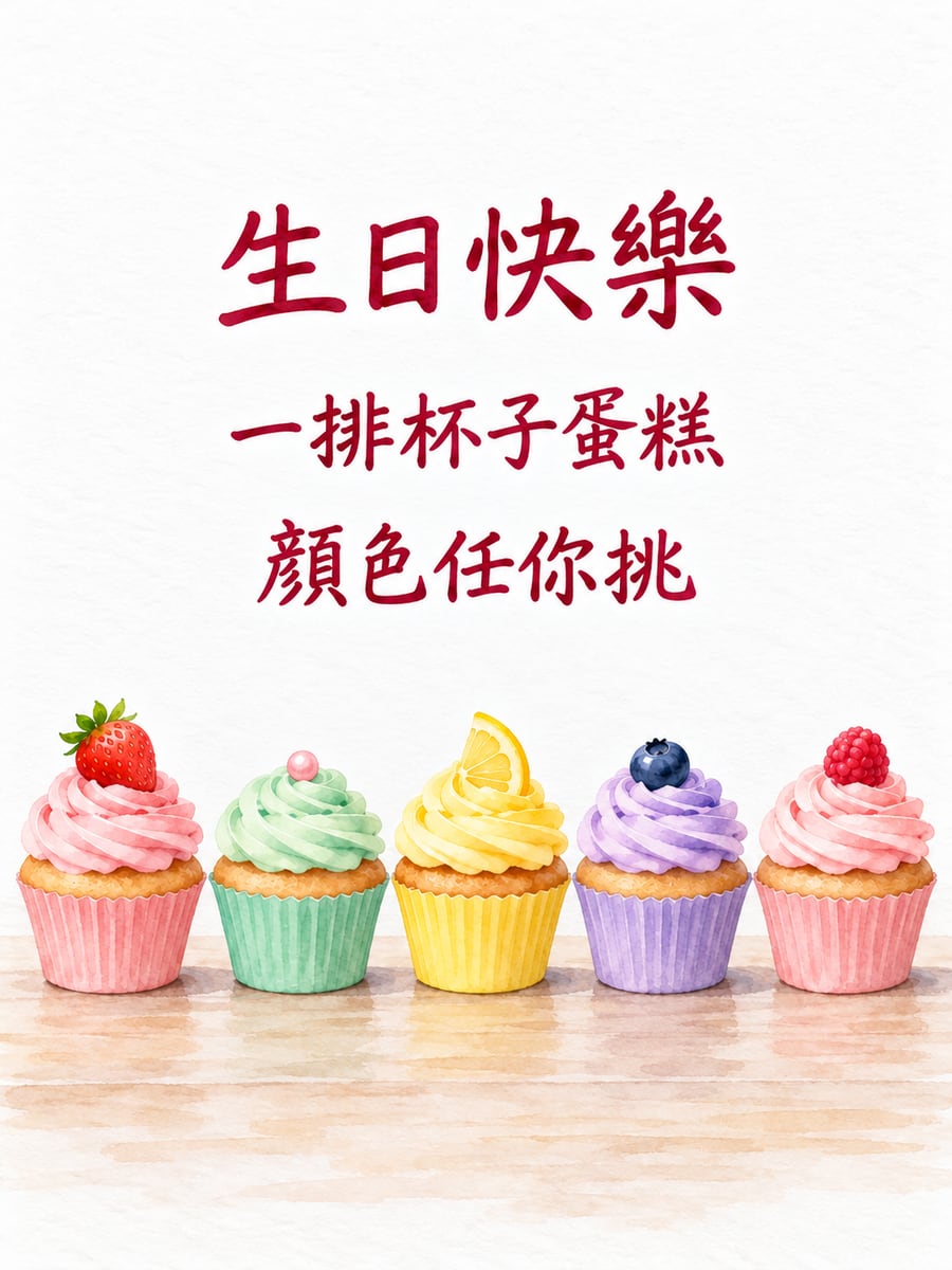 一排杯子蛋糕。圖中文字：生日快樂，一排杯子蛋糕，顏色任你挑