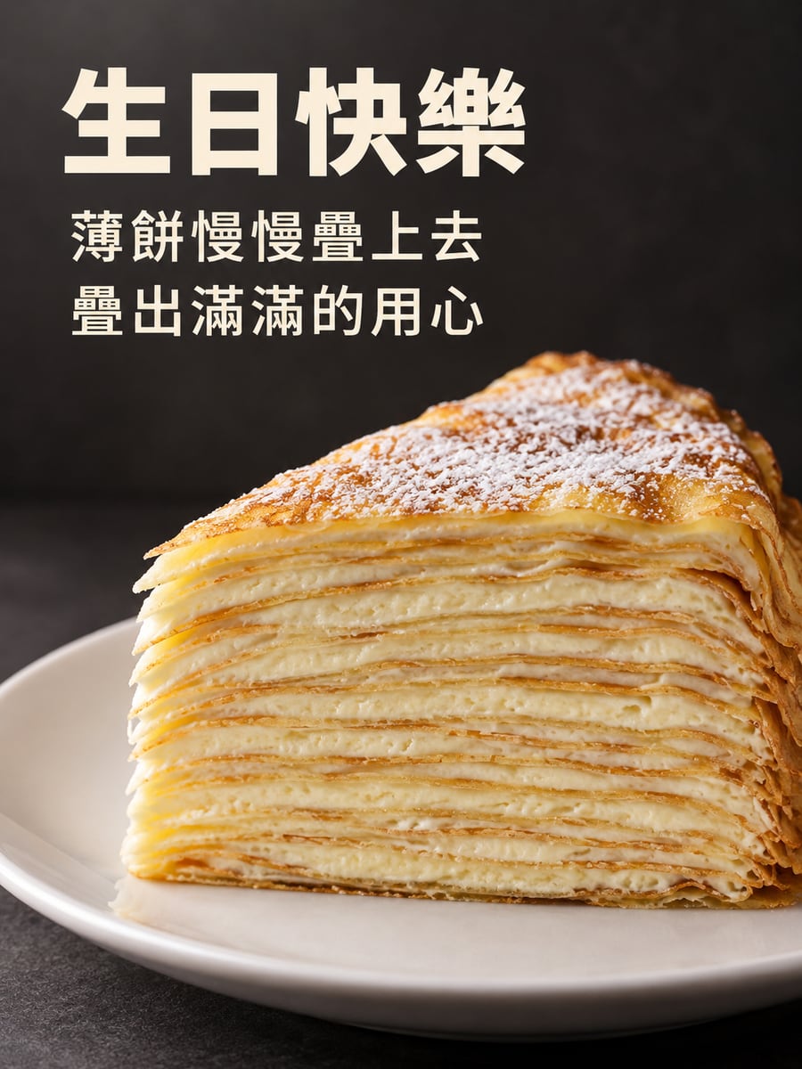 千層蛋糕。圖中文字：生日快樂，薄餅慢慢疊上去，疊出滿滿的用心