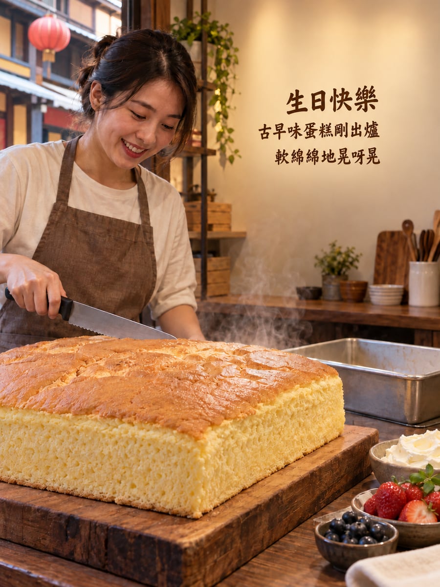 古早味蛋糕剛出爐。圖中文字：生日快樂，古早味蛋糕剛出爐，軟綿綿地晃呀晃