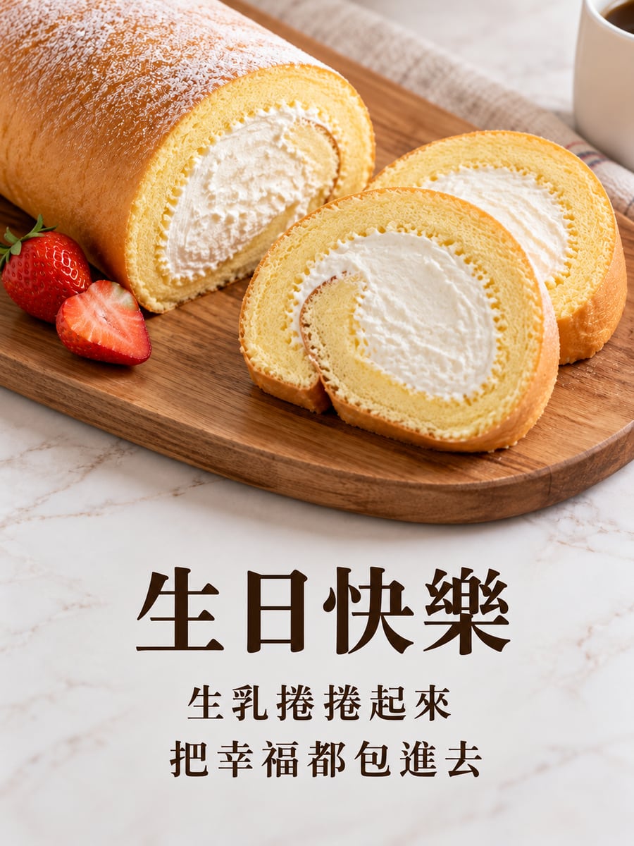 生乳捲。圖中文字：生日快樂，生乳捲捲起來，把幸福都包進去