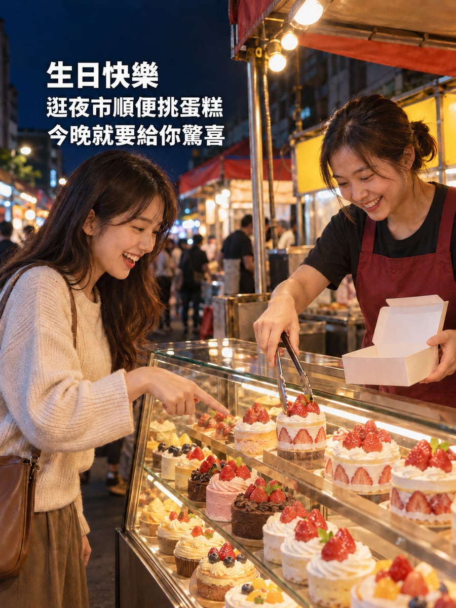 夜市挑小蛋糕。圖中文字：生日快樂，逛夜市順便挑蛋糕，今晚就要給你驚喜