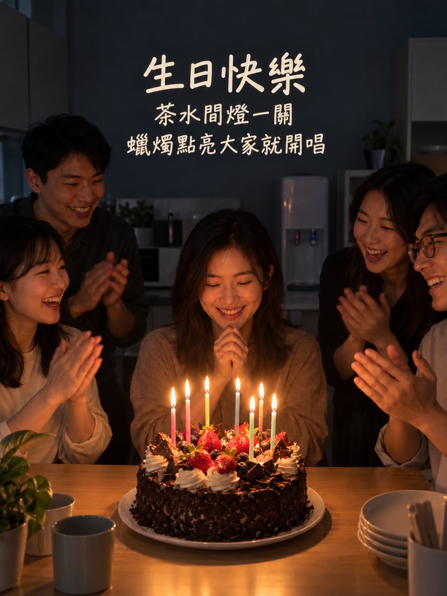 茶水間點蠟燭。圖中文字：生日快樂，茶水間燈一關，蠟燭點亮大家就開唱