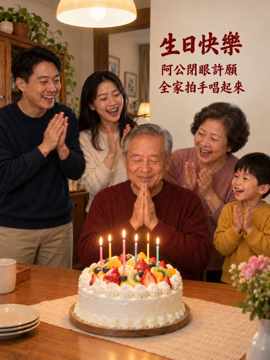 阿公許願。圖中文字：生日快樂，阿公閉眼許願，全家拍手唱起來