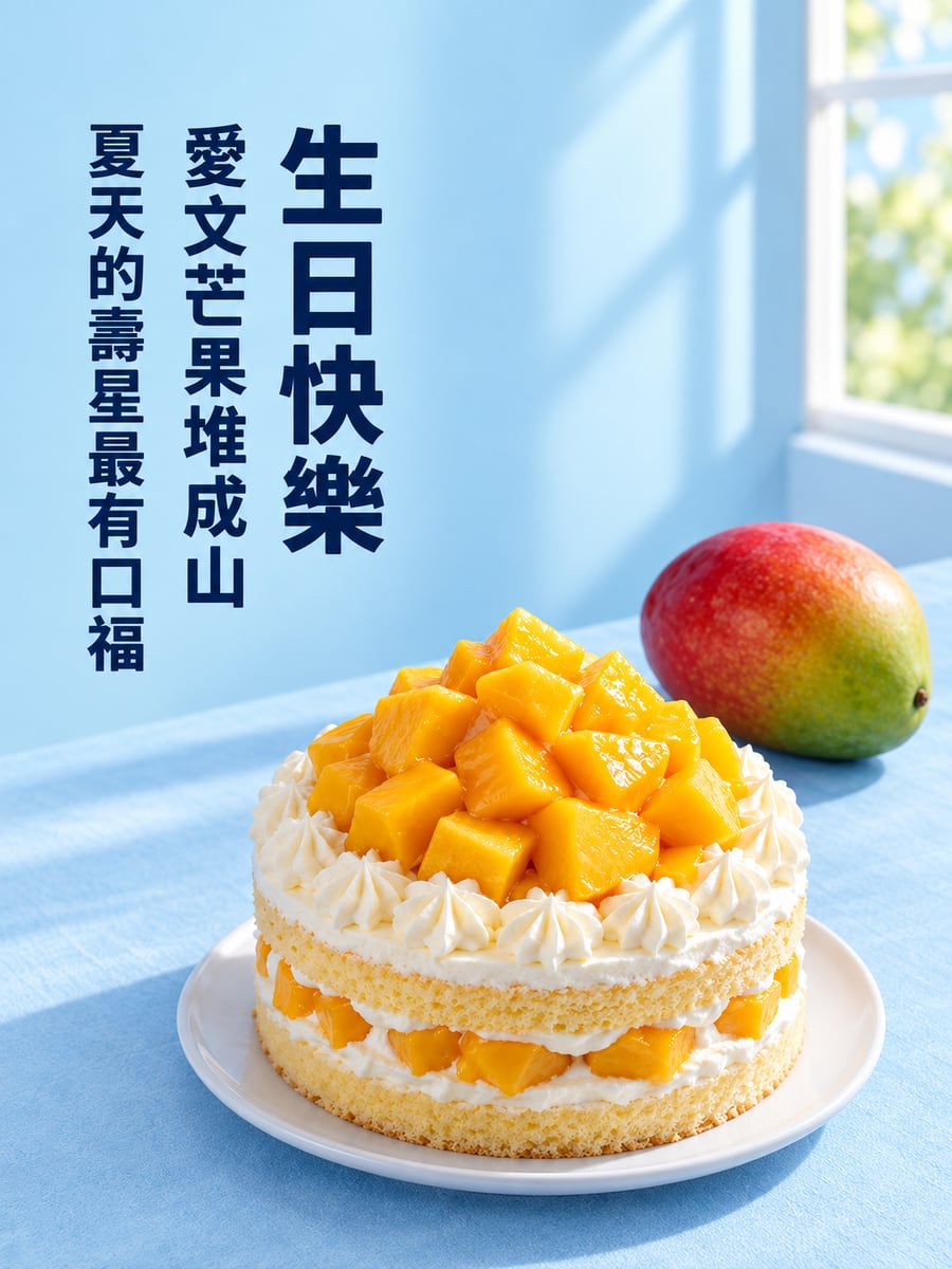 愛文芒果蛋糕。圖中文字：生日快樂，愛文芒果堆成山，夏天的壽星最有口福