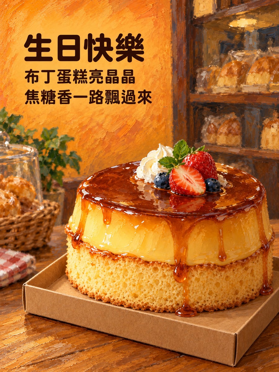 布丁蛋糕。圖中文字：生日快樂，布丁蛋糕亮晶晶，焦糖香一路飄過來