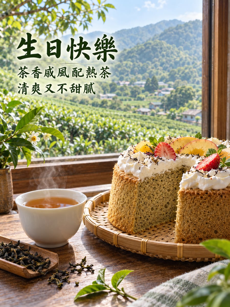 茶香戚風。圖中文字：生日快樂，茶香戚風配熱茶，清爽又不甜膩