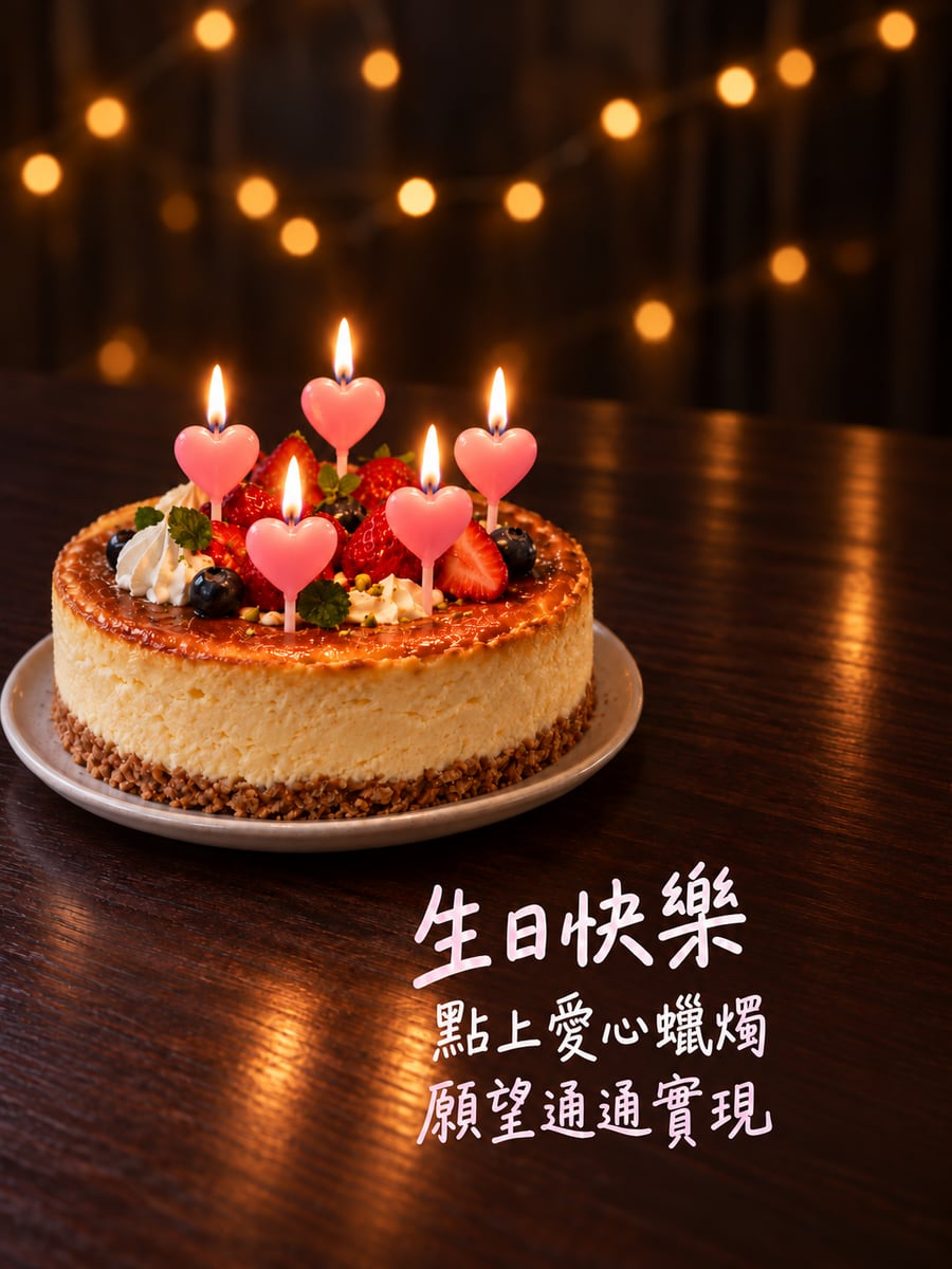 愛心蠟燭乳酪蛋糕。圖中文字：生日快樂，點上愛心蠟燭，願望通通實現