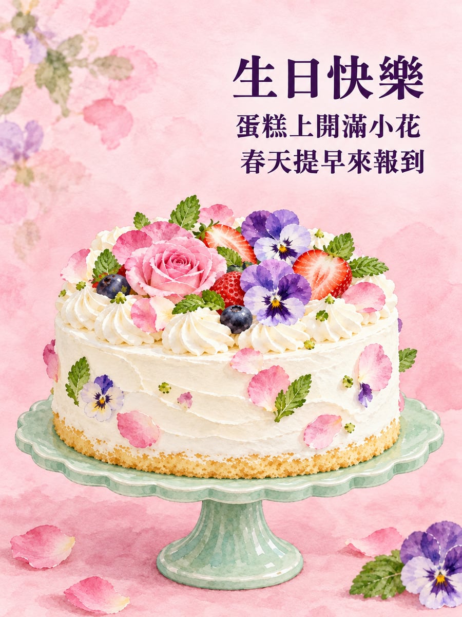 花朵蛋糕。圖中文字：生日快樂，蛋糕上開滿小花，春天提早來報到