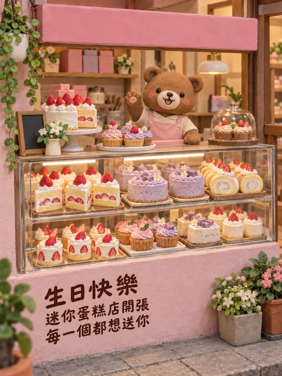 迷你蛋糕店。圖中文字：生日快樂，迷你蛋糕店開張，每一個都想送你