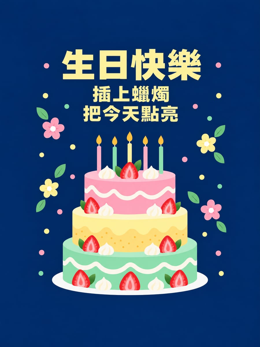 平面蛋糕插蠟燭。圖中文字：生日快樂，插上蠟燭，把今天點亮