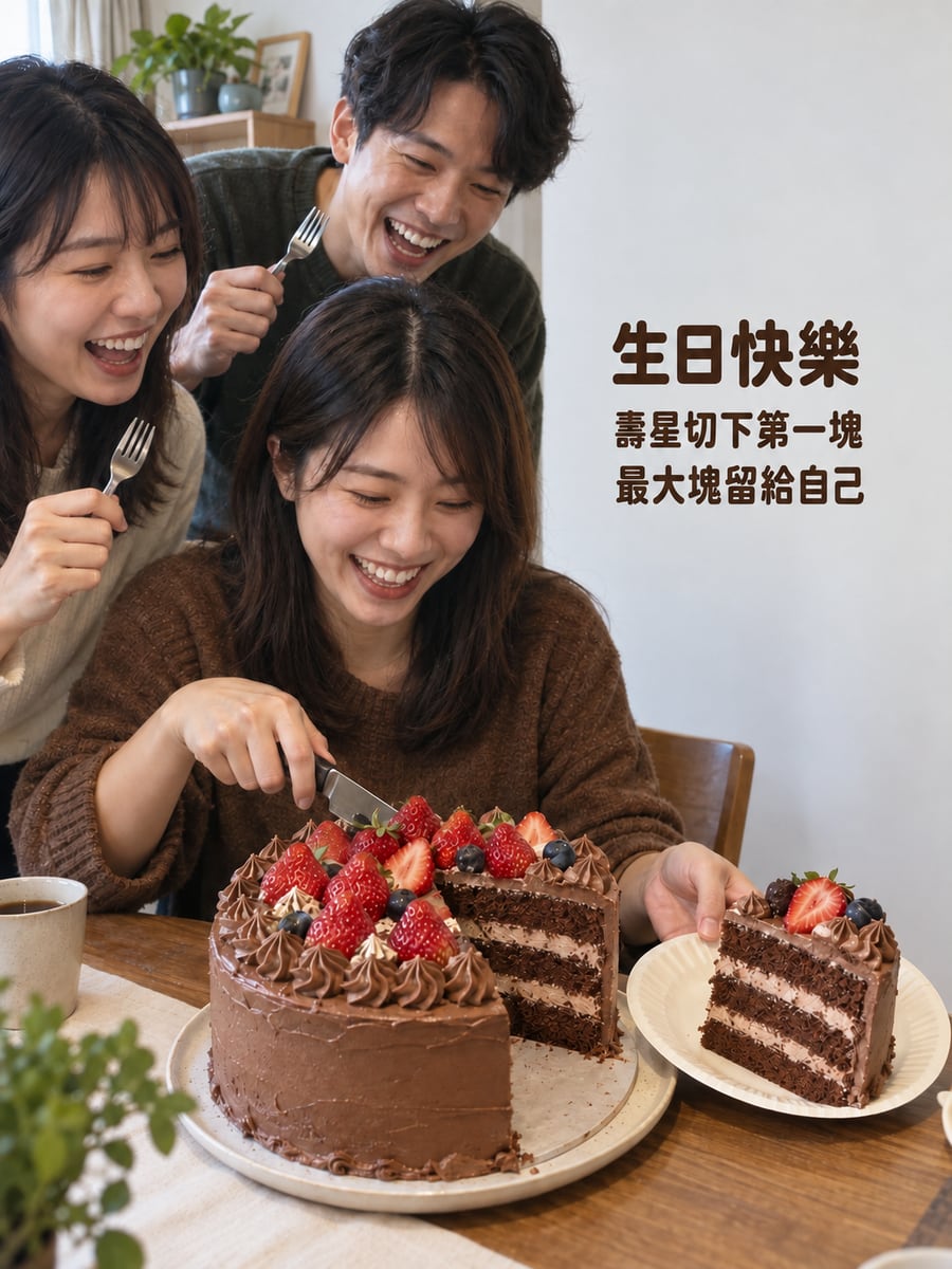 切下第一塊。圖中文字：生日快樂，壽星切下第一塊，最大塊留給自己