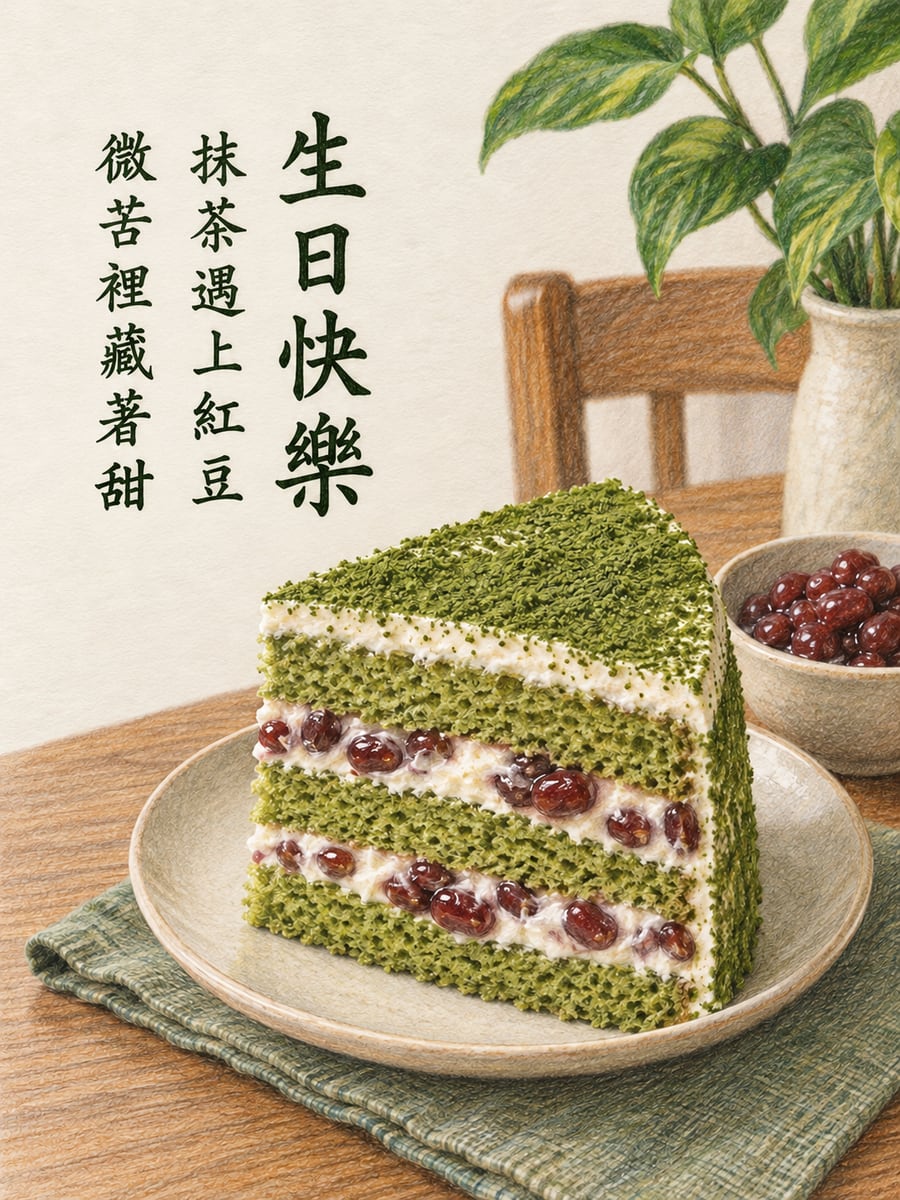 抹茶紅豆蛋糕。圖中文字：生日快樂，抹茶遇上紅豆，微苦裡藏著甜