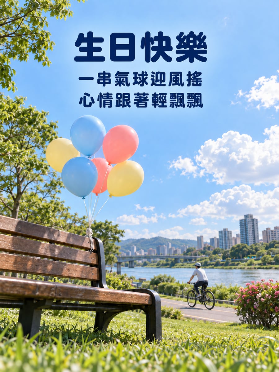 河濱長椅上的氣球。圖中文字：生日快樂，一串氣球迎風搖，心情跟著輕飄飄