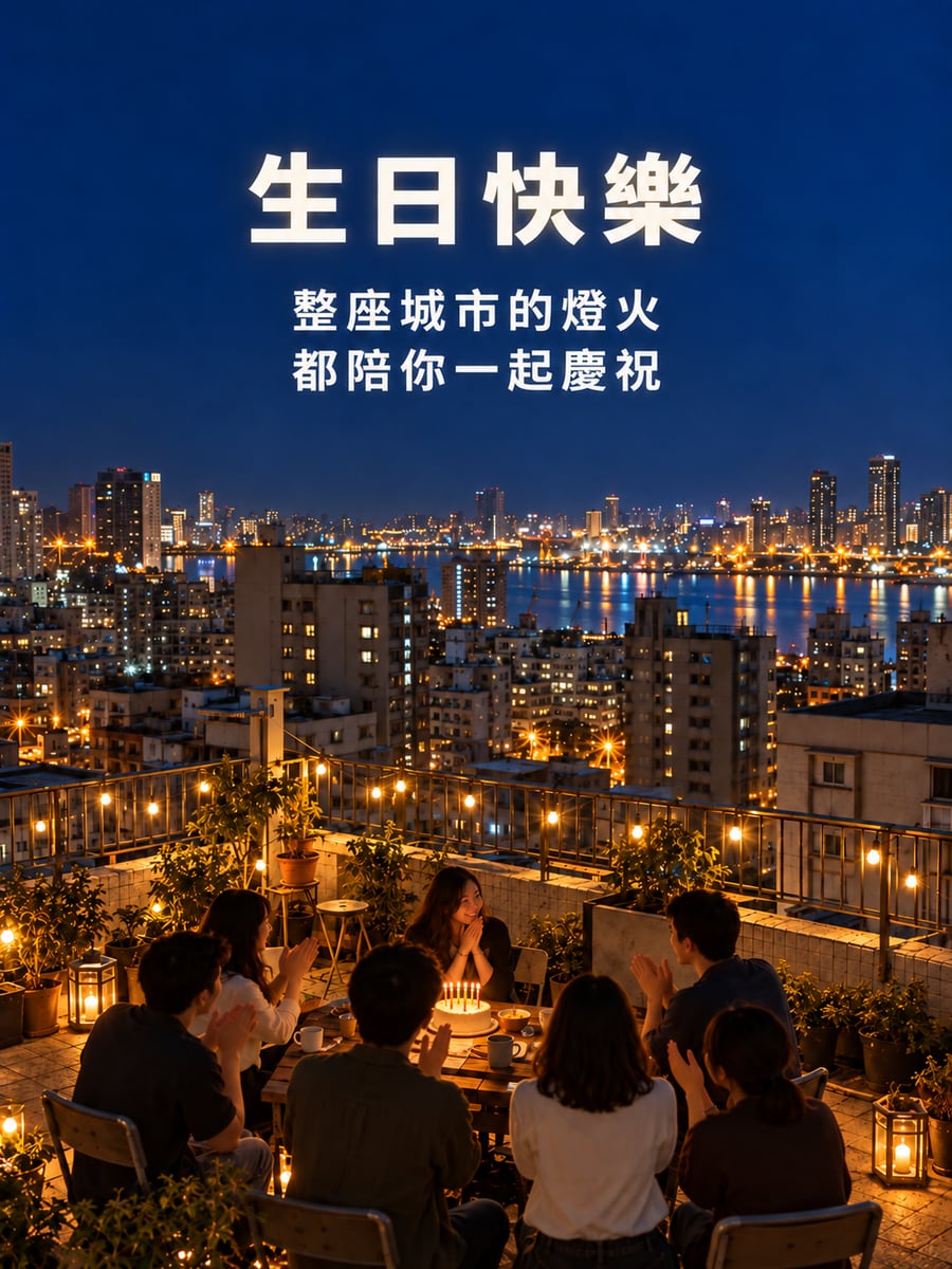 頂樓看港邊燈火。圖中文字：生日快樂，整座城市的燈火，都陪你一起慶祝
