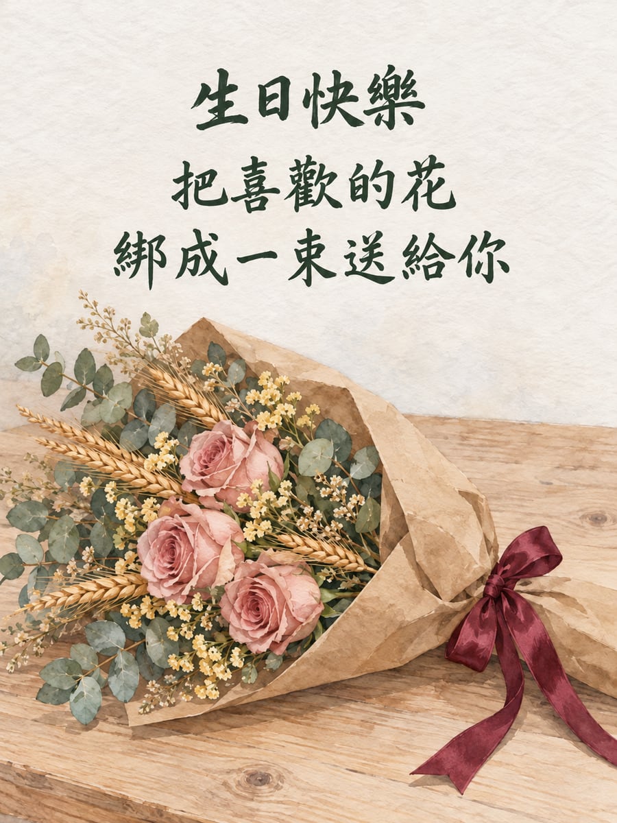 乾燥花束。圖中文字：生日快樂，把喜歡的花，綁成一束送給你