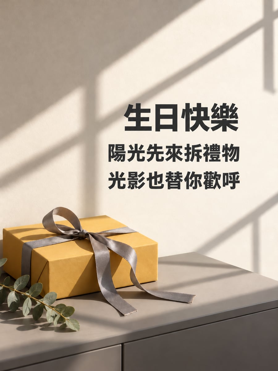 窗影落在禮盒上。圖中文字：生日快樂，陽光先來拆禮物，光影也替你歡呼