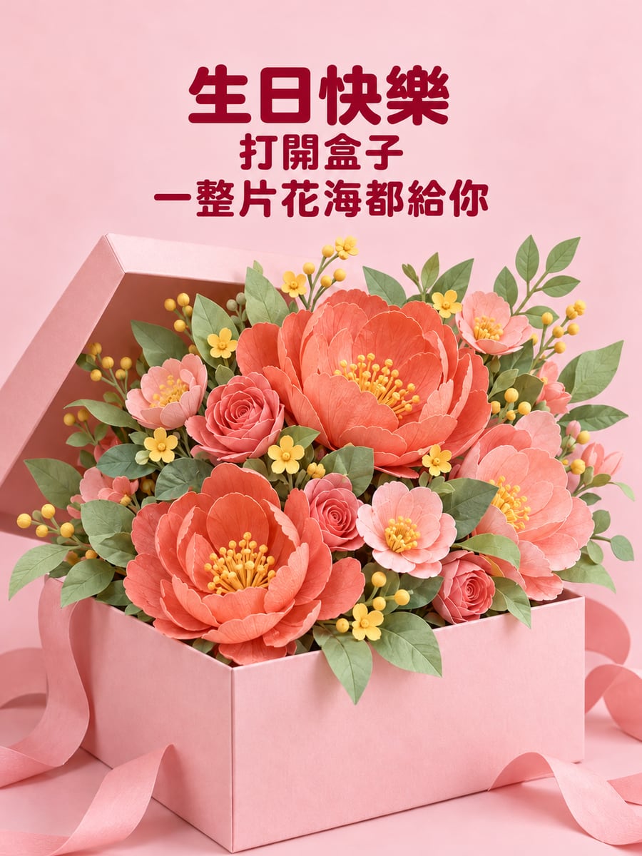 禮盒湧出紙花。圖中文字：生日快樂，打開盒子，一整片花海都給你