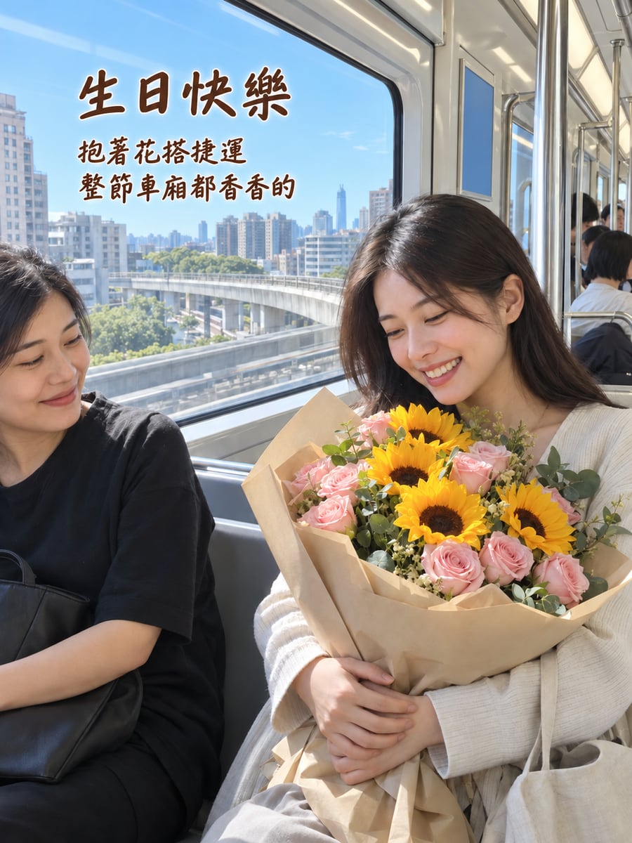 抱著花搭捷運。圖中文字：生日快樂，抱著花搭捷運，整節車廂都香香的