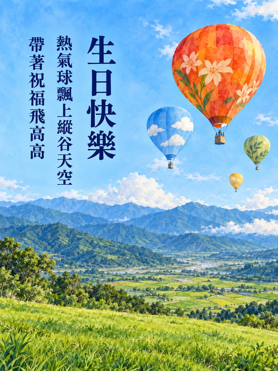 鹿野熱氣球。圖中文字：生日快樂，熱氣球飄上縱谷天空，帶著祝福飛高高
