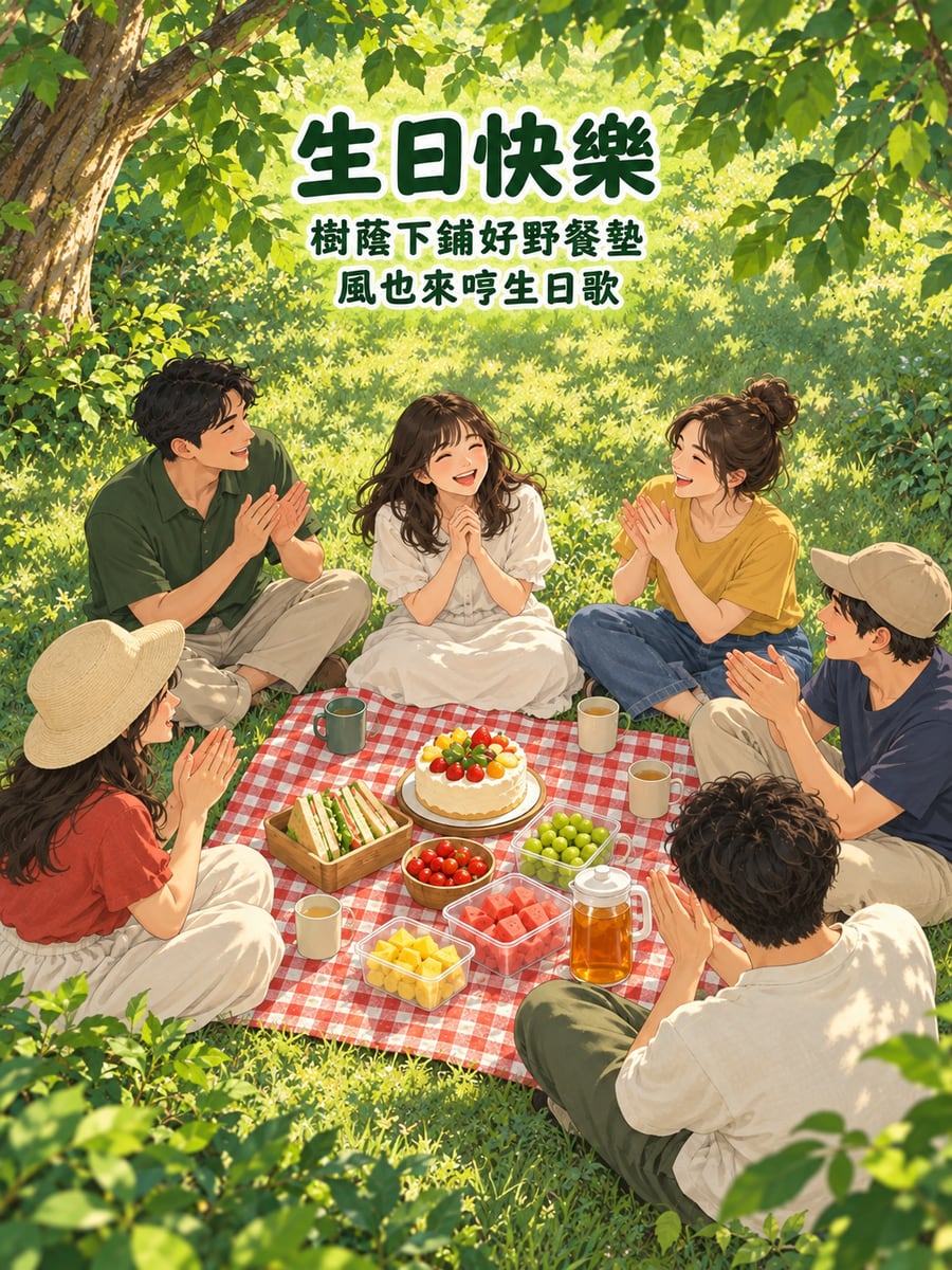 樹蔭下野餐慶生。圖中文字：生日快樂，樹蔭下鋪好野餐墊，風也來哼生日歌