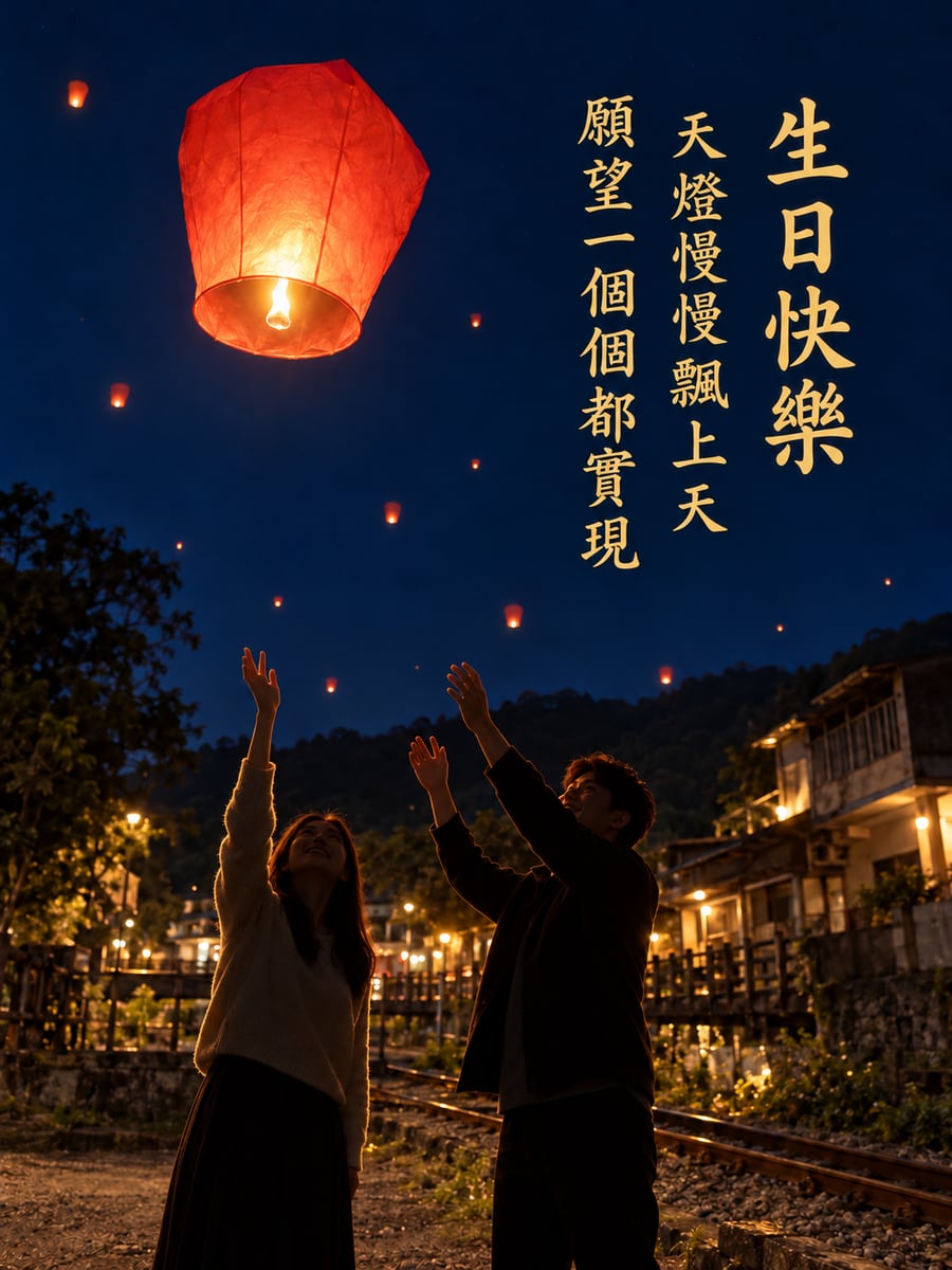 平溪天燈升起。圖中文字：生日快樂，天燈慢慢飄上天，願望一個個都實現