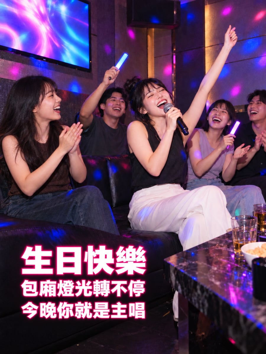 KTV 包廂當主唱。圖中文字：生日快樂，包廂燈光轉不停，今晚你就是主唱