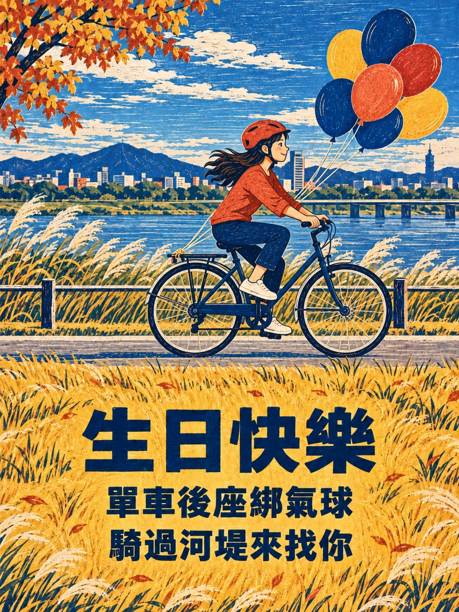 腳踏車載著氣球。圖中文字：生日快樂，單車後座綁氣球，騎過河堤來找你