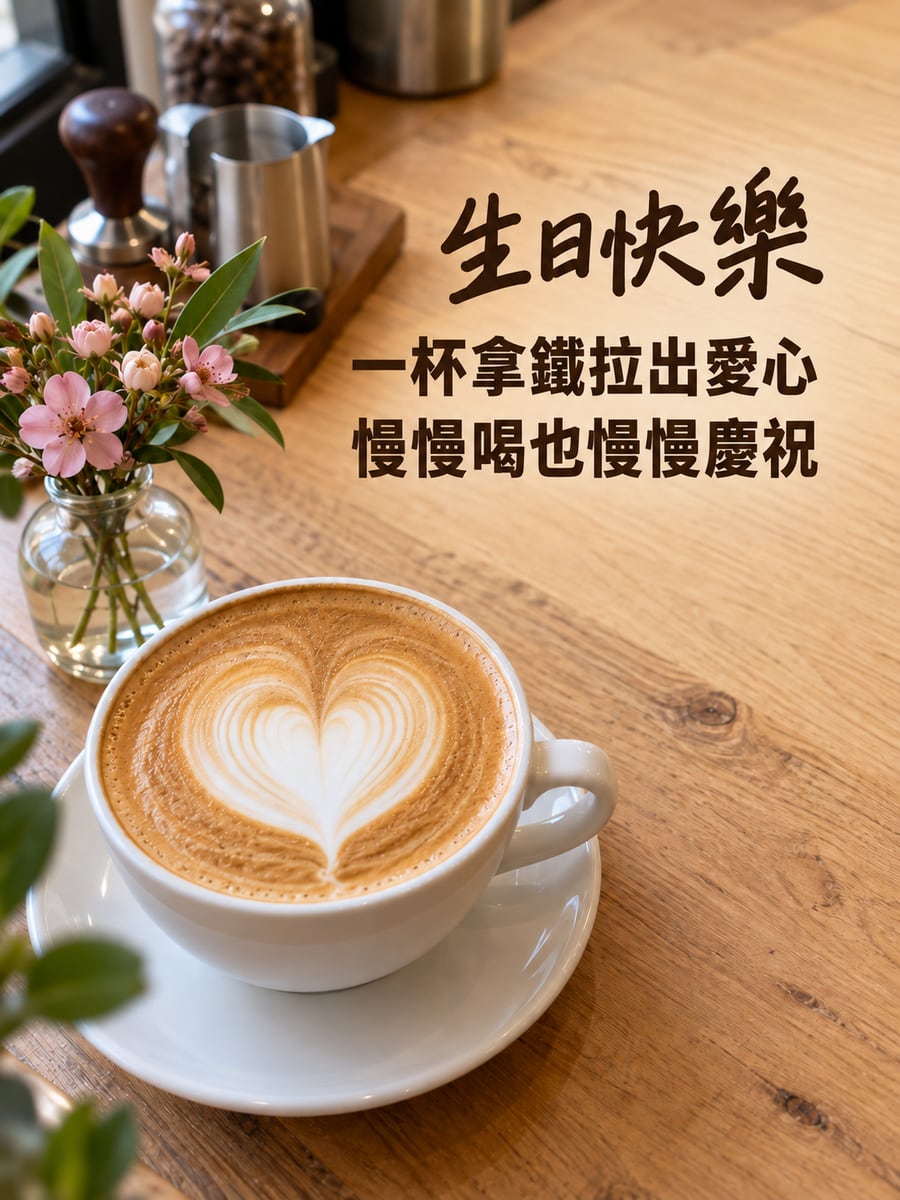 拿鐵上的愛心。圖中文字：生日快樂，一杯拿鐵拉出愛心，慢慢喝也慢慢慶祝