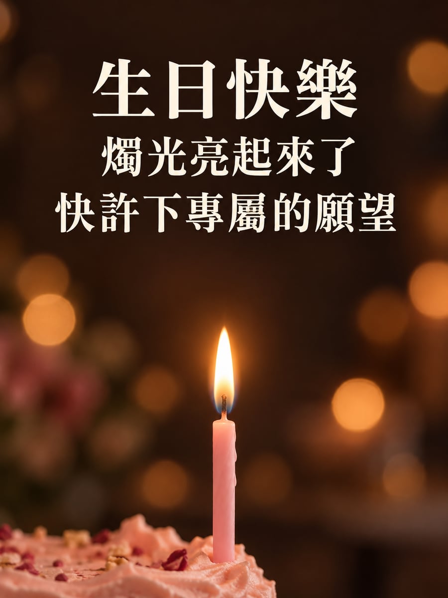 一根細蠟燭的火光。圖中文字：生日快樂，燭光亮起來了，快許下專屬的願望