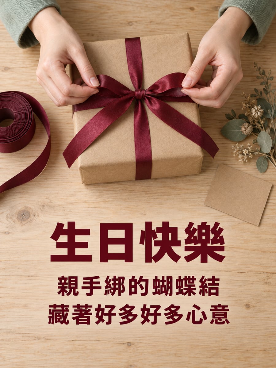 親手綁蝴蝶結。圖中文字：生日快樂，親手綁的蝴蝶結，藏著好多好多心意