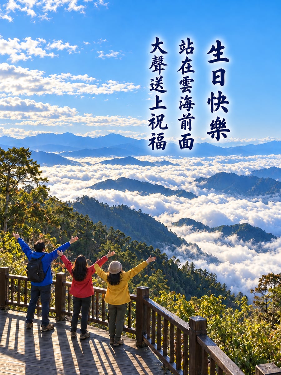 雲海前替你歡呼。圖中文字：生日快樂，站在雲海前面，大聲送上祝福