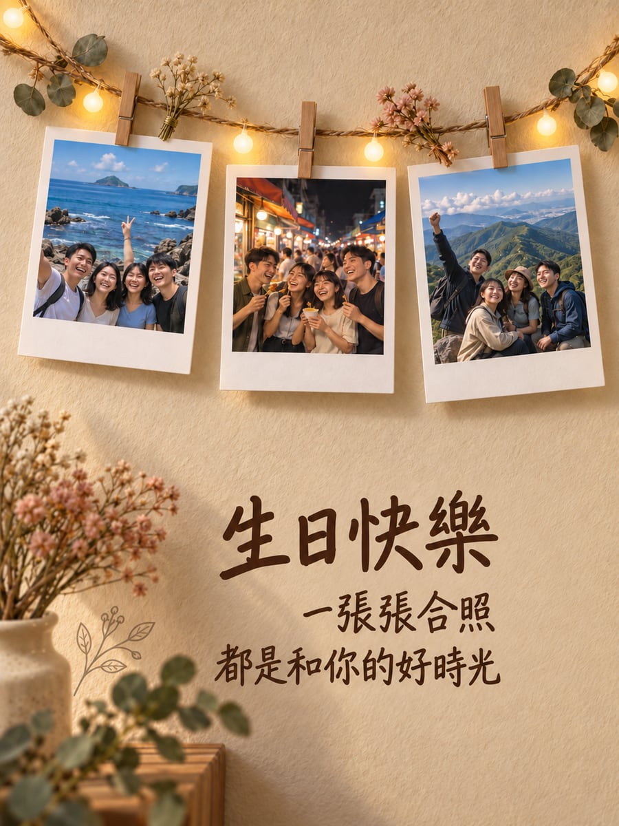 拍立得回憶牆。圖中文字：生日快樂，一張張合照，都是和你的好時光