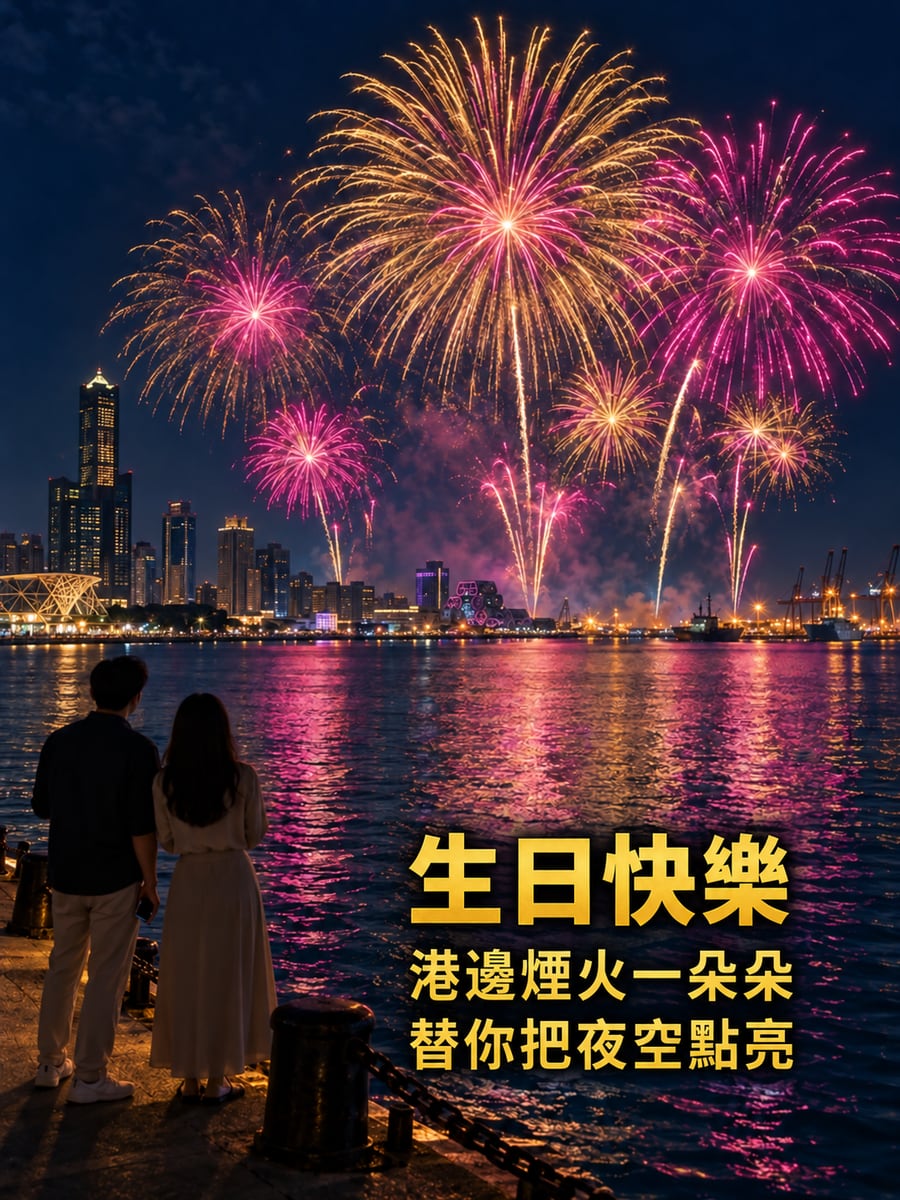 港邊煙火。圖中文字：生日快樂，港邊煙火一朵朵，替你把夜空點亮