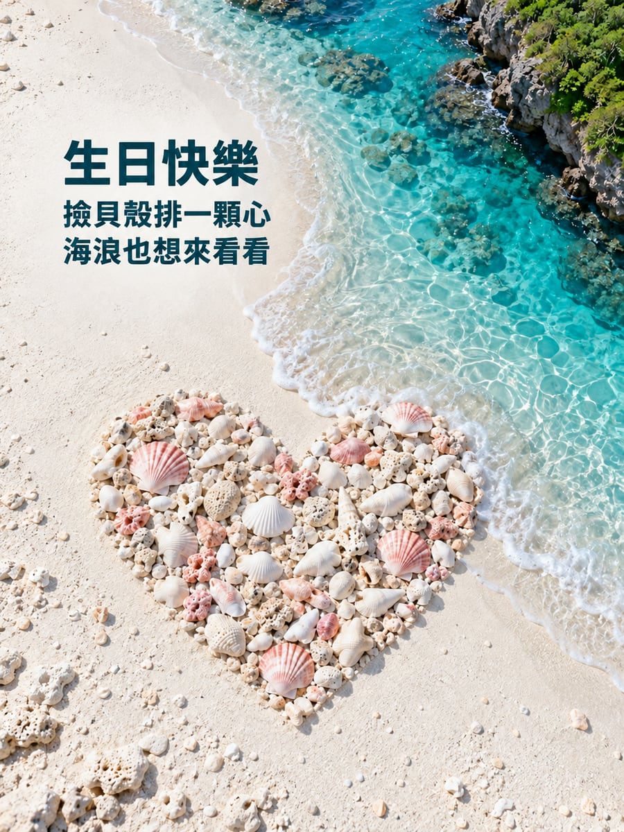 沙灘貝殼愛心。圖中文字：生日快樂，撿貝殼排一顆心，海浪也想來看看