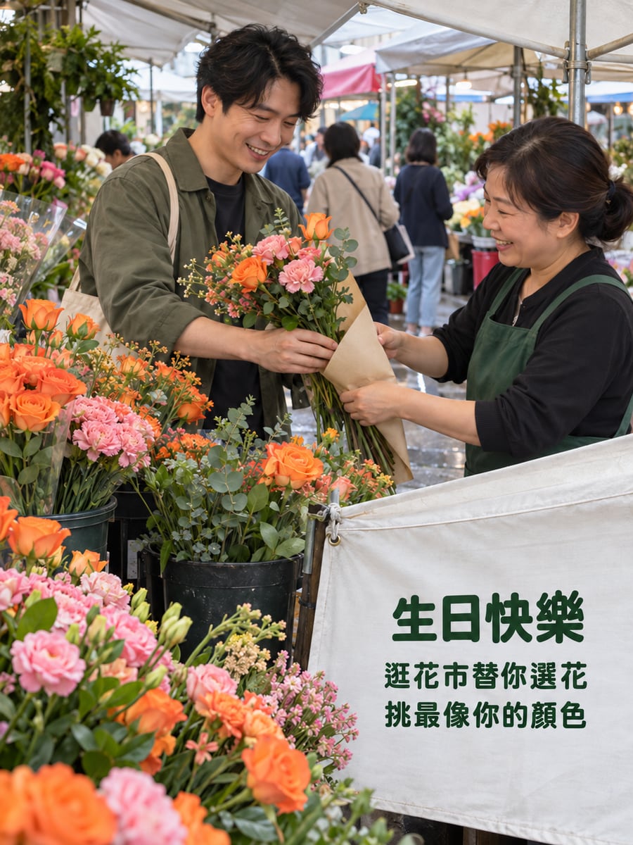 假日花市挑花。圖中文字：生日快樂，逛花市替你選花，挑最像你的顏色