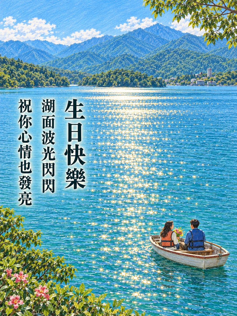 日月潭划船。圖中文字：生日快樂，湖面波光閃閃，祝你心情也發亮
