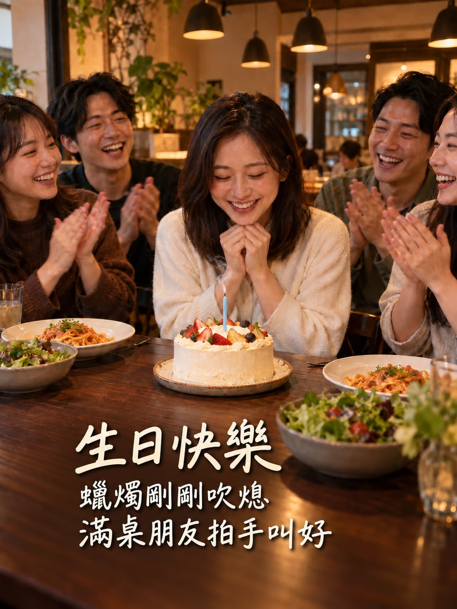 餐廳吹熄蠟燭。圖中文字：生日快樂，蠟燭剛剛吹熄，滿桌朋友拍手叫好