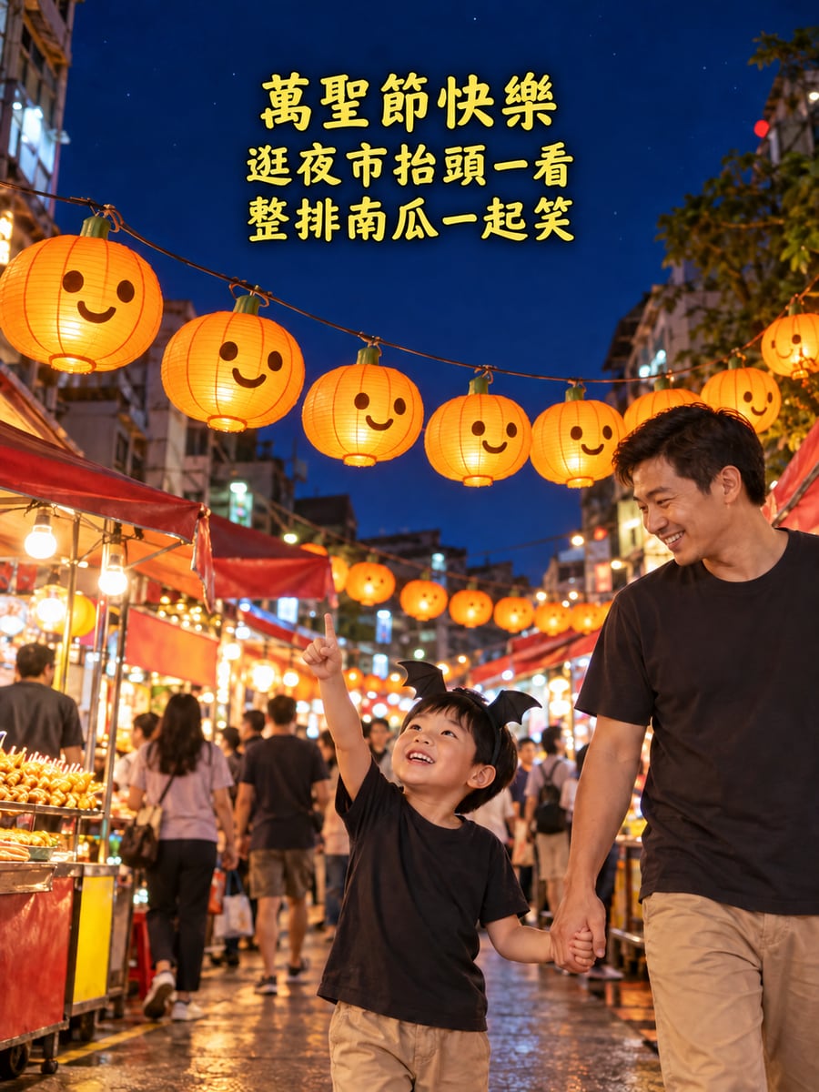 夜市的南瓜燈籠。圖中文字：萬聖節快樂，逛夜市抬頭一看，整排南瓜一起笑
