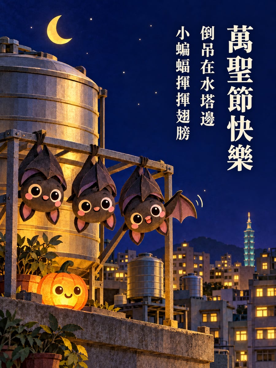 水塔邊的小蝙蝠。圖中文字：萬聖節快樂，倒吊在水塔邊，小蝙蝠揮揮翅膀