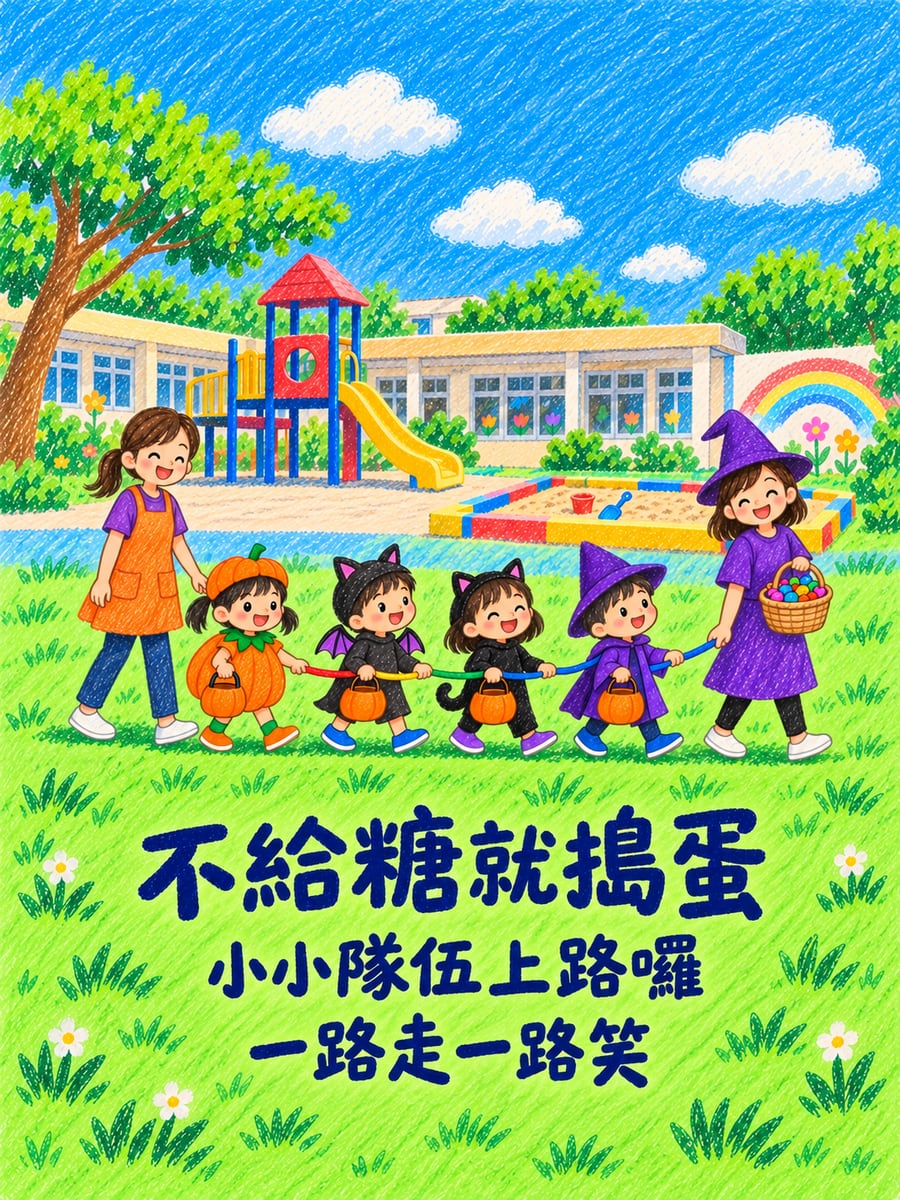 幼兒園小小遊行。圖中文字：不給糖就搗蛋，小小隊伍上路囉，一路走一路笑